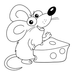 Wall Mural - Coloring Page Outline Of cartoon little mouse with cheese. Coloring Book for kids.