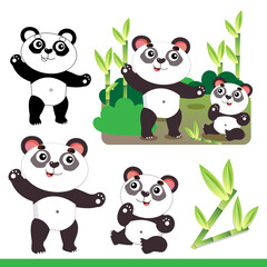 Wall Mural - Cartoon panda with little cub and bamboo or sugar cane. Animals. Zoo. Colorful vector illustration set for kids.