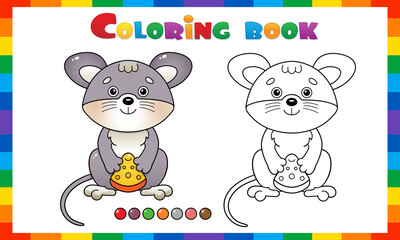 Wall Mural - Coloring Page Outline Of cartoon little mouse with cheese. Coloring Book for kids.