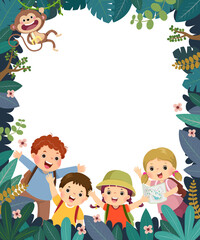 Template for advertising brochure with cartoon of happy children camping or traveling in the forest.