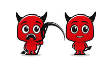 Cute Red Devil Character. Red Demon Cartoon. Illustration Vector