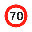 Speed limit 70 round road traffic icon sign flat style design vector illustration isolated on white background. Circle standard road sign with number 70 kmh.