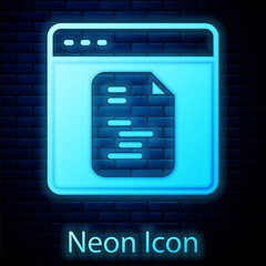 Glowing neon Software, web developer programming code icon isolated on brick wall background. Javascript computer script random parts of program code. Vector