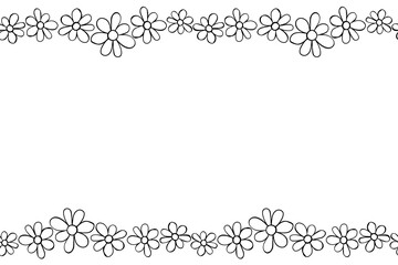 Vector hand drawn border, frame of small outline black flowers chamomiles in doodle style. Horizontal top and bottom edging, decoration for birthday, greeting card, kids theme