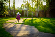 happy girl in purple dress, outdoor walks happy childhood selective focus