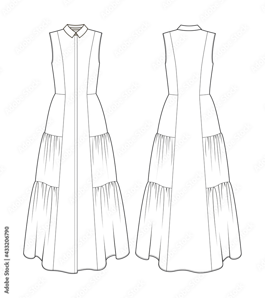 Fashion technical drawing of tiered dress shirt. Fashion flat sketch of casual sleeveless dress. Stock Vector