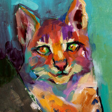 Illustration In Oil Paint Of A Cat In Profile With Big Blue-light And Green Eyes On Pink Background, Vivid Colors