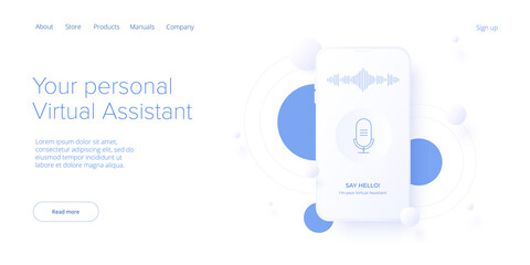 Personal virtual assistant concept in isometric vector illustration. IVA sofware agent or online chatbot app in cellular smartphone. Web banner layout template.