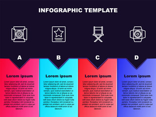 Sticker - Set line Movie spotlight, Hollywood walk of fame star, Director movie chair and . Business infographic template. Vector