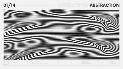 Aufkleber - Abstract modern geometric banner with simple shapes in black and white colors, graphic composition design vector background, curvature of stripes, wave lines optical illusion