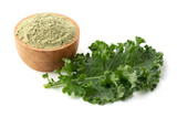 Fototapeta Lawenda - fresh kale and powder isolated on a white background, kale powder on wooden bowl.