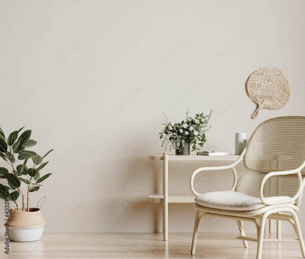 Home mockup, cozy beige minimalist interior background, Boho style, 3d render - obrazy, fototapety, plakaty 