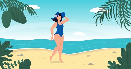 Woman in swimsuit summer vacation on tropical beach. Blue sea island resort. Summer vacation concept. Girl in bikini travel sea. Tropical island paradise. Palm leaves, ocean wave seaside.