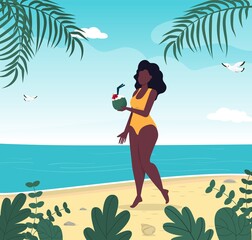 Woman in swimsuit summer vacation on tropical beach. Blue sea island resort. Summer vacation concept. Girl in bikini travel sea. Tropical island paradise. Palm leaves, ocean wave seaside.