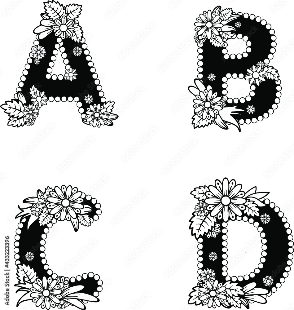 Floral botanical font alphabet uppercase letters set with flowers and ...