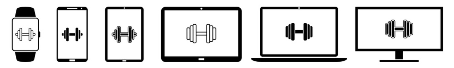 Poster - display dumbbell, dumbbells, weight, exercise, fitness, lifting, weightlift icon devices set | web s