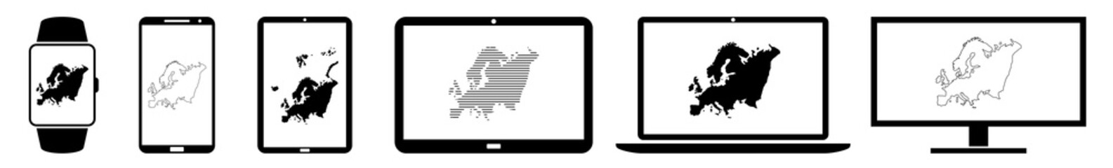 Poster - display europe, map, border, eu, continent, countries, line, shape, outline icon devices set | web s
