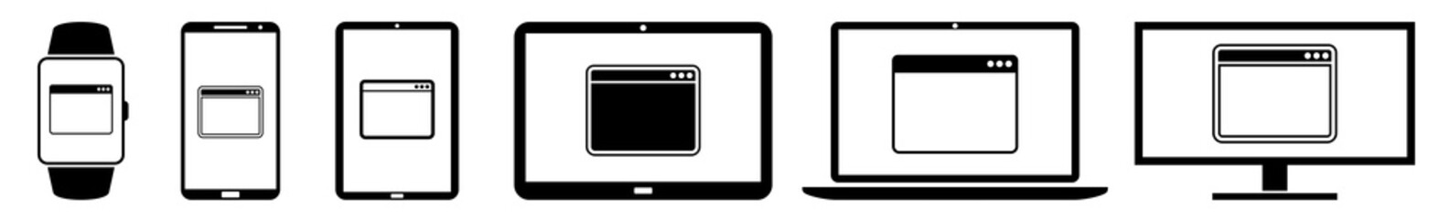 Poster - Display web, page, window, website, site, page, browser Icon Devices Set | Web Screen Device Online | Laptop Vector Illustration | Mobile Phone | PC Computer Smartphone Tablet Sign Isolated
