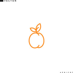 Sticker - Apricot icon. Line art. Isolated fruit with leaves on white background