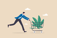 Purchasing Cannabis CBD Or Buying Marijuana For Medical Concept, Happy Patient Man Pushing Shopping Cart With Cannabis Leaf.