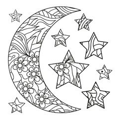 Wall Mural - Half moon and star with abstract patterns on isolation background. Design for spiritual relaxation for adults. Line art creation. Black and white illustration for colouring page. Print t-shirts
