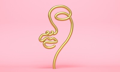 Poster - Golden abstract silhouette of a woman face on a pink background. Backdrop design for product promotion. 3d rendering