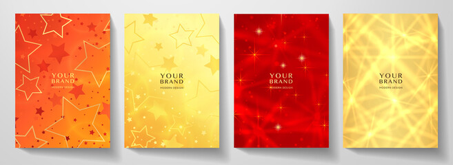Wall Mural - Modern holiday cover design set. Starry pattern with golden stars in gold, red color. Vector luxury collection background for Christmas catalog, brochure template, booklet, gift card