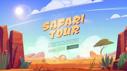 Wall Mural - Safari tour cartoon landing page, Africa travel adventure, desert with rocks, tropical tree, grass and blooming cacti. African landscape with stones, dunes, tumbleweed and plants Vector illustration