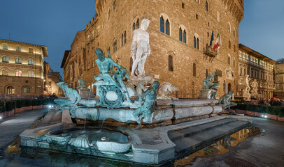 Fototapete -  Neptunbrunnen Palazzio Vecchio Panorama Florenz Italien