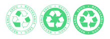 Recyclable On 100% Label Stamps Icon Set. Recyclable And Biodegradable Packaging Logo Signs Isolated On White Background. Vector Illustration