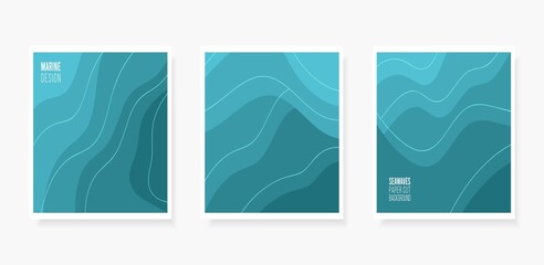 Paper cut Abstract art background 3d layer blue color sea waves, ocean water,river,lake.Template marine texture with wavy lines pattern.Vector cover,flyer,textile print,banner, poster,card,wallpaper