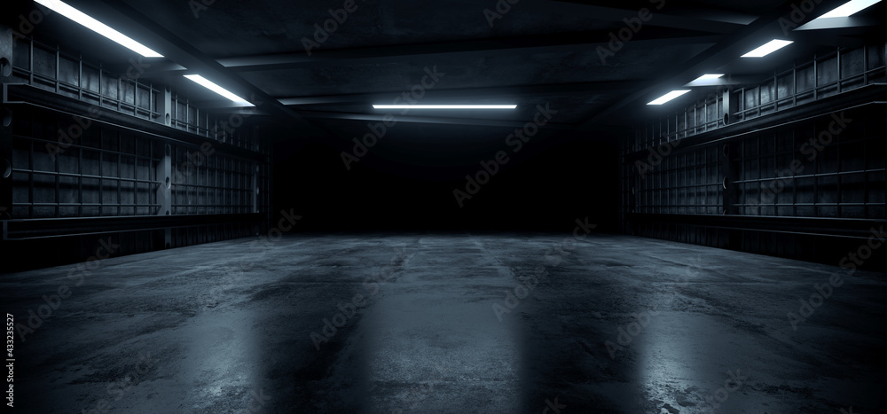 Dark Concrete Led White Lights Underground Tunnel Corridor Cement Asphalt Hallway Warehouse Tunnel Corridor Metal Structure Realistic Empty 3D Rendering - obrazy, fototapety, plakaty 