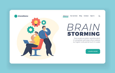 Poster - Brain storming landing page website banner template. Two businessmen sharing thoughts and ideas. Brainstorm and teamwork concept. People solving problem together. Flat style vector illustration