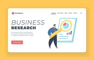 Poster - Business research landing page banner template. Male cartoon character stands in front of whiteboard and examines diagram with magnifying glass. Flat vector illustration