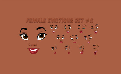 African Female abstract cartoon face expression variations, emotions collection set #6, vector illustration