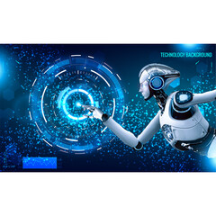 Poster - Conceptual technology illustration of artificial intelligence with robot or cyborg woman. Futuristic Artificial intelligence in image of cyborg girl. Technology background. Vector illustration EPS10.