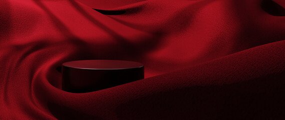 3d render of red cloth and podium. Abstract art fashion background. Scene stage platform showcase, product, presentation, cosmetic on podium.