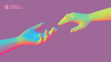 Hands Reaching Towards Each Other. Concept Of Human Relation, Togetherness Or  Partnership. Pixel Cube Art. 3D Vector Illustration. Can Be Used For Advertising, Marketing Or Presentation.