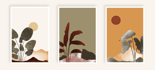 Set of different mountain landscapes. Minimal art illustration
