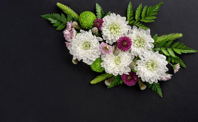  Flowers composition of colorful flowers chrysanthemum isolated on black background. Summer wreath of chrysanthemum flowers.