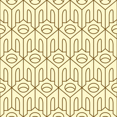 Poster - Seamless pattern with contour drawings of repeating architectural elements on a beige backdrop. Vector geometric background, suitable for wallpaper design, wrapping paper, fabric