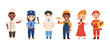 Set of cute kids in various professions. Smiling boys and girls in uniform with professional equipment. Vector illustration.