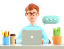 3D Illustration Of Smiling Man Using Laptop And Working At The Desk In Office With Coffee Cup, Cactus. Cartoon Businessman Character Or Freelancer Chatting On The Computer With Speech Bubble.