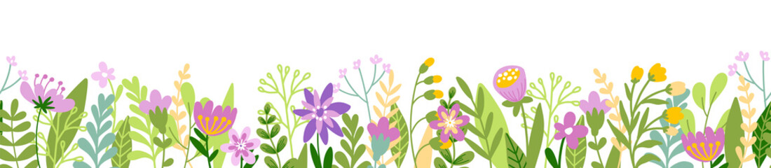 Wall Mural - cute horizontal banner with hand drawn blooming flowers. floral seamless patterns border. vector ill