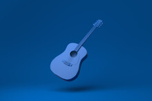 Blue Guitar Acoustic Body Floating In Blue Background. Minimal Concept Idea Creative. Monochrome. 3D Render.