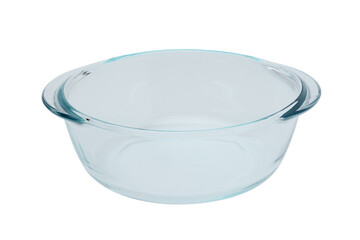 Empty glass pan for baking and cooking. Close-up on a white background