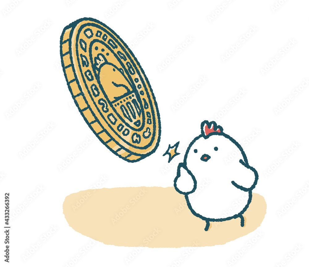 Illustration Stock ゆるいにわとりはコインを上へ向けてはじき飛ばす | Adobe Stock