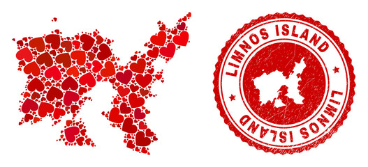 Canvas Print - Collage Limnos Island map composed with red love hearts, and scratched badge. Vector lovely round red rubber badge imprint with Limnos Island map inside.