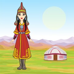 Asian beauty. Animation portrait of a beautiful girl in ancient national cap and jewelry. Central Asia. Background - mountain landscape, ancient yurt. Dwelling of nomads. Vector illustration. 