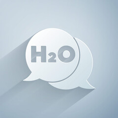 Poster - Paper cut Chemical formula for water drops H2O shaped icon isolated on grey background. Paper art style. Vector